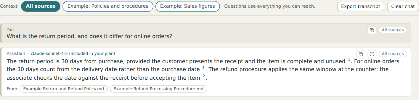 An answer with footnotes, the From chips, and the chips under the question box suggesting what to ask next.
