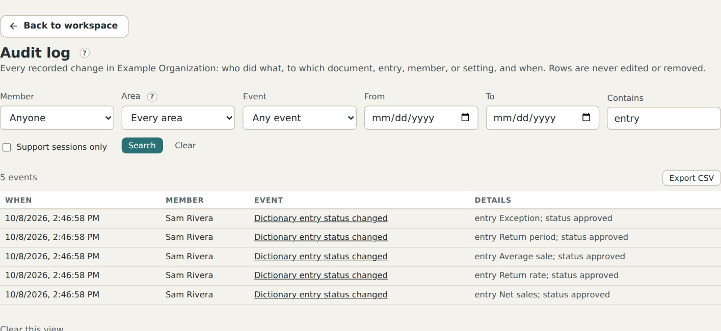 The audit log with its filters.