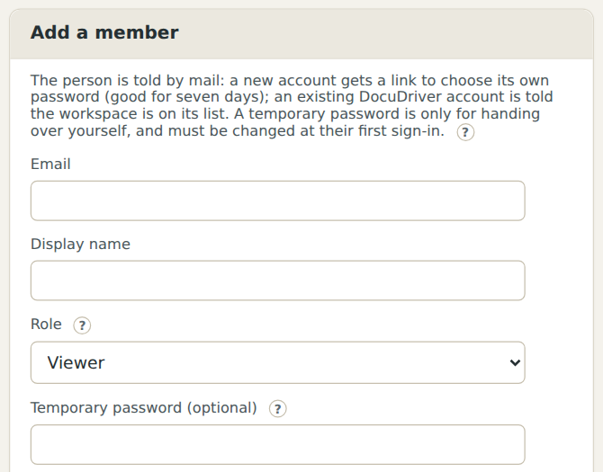 Adding a member: an email, a display name, and a role.