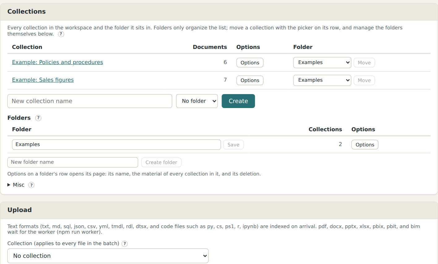 The workspace page: collections on the left, the upload box on the right, with the two example collections already in place.