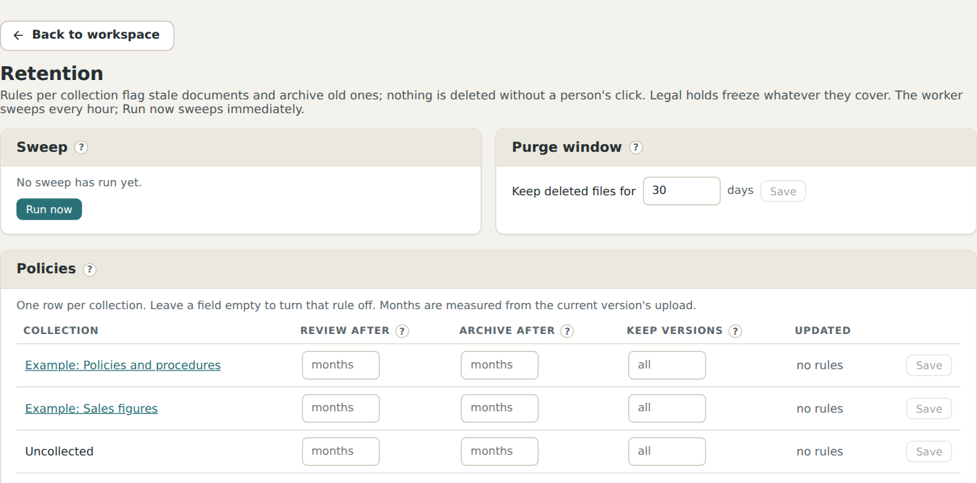 Retention policies per collection, and the review queue beside them.