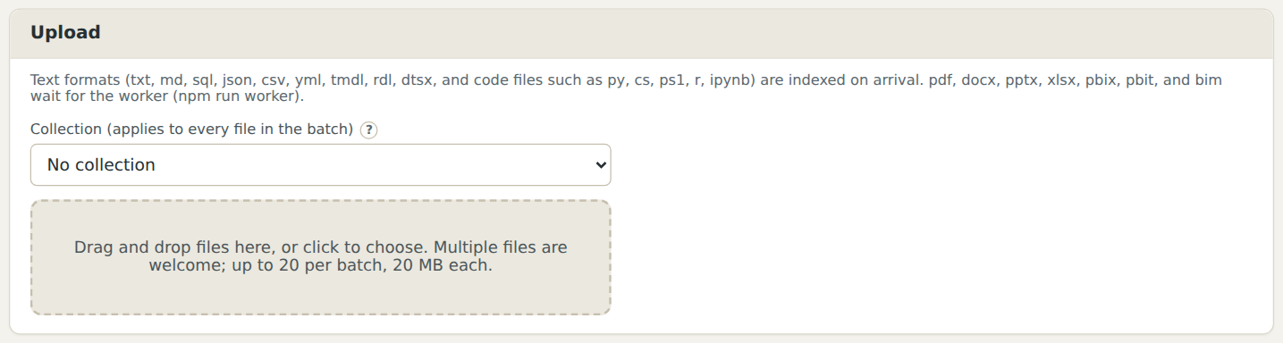 The upload box, with the destination collection chosen.