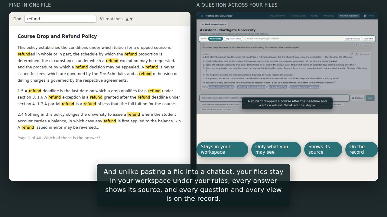 A document's Find box with dozens of matches beside the same question answered with its two sources.