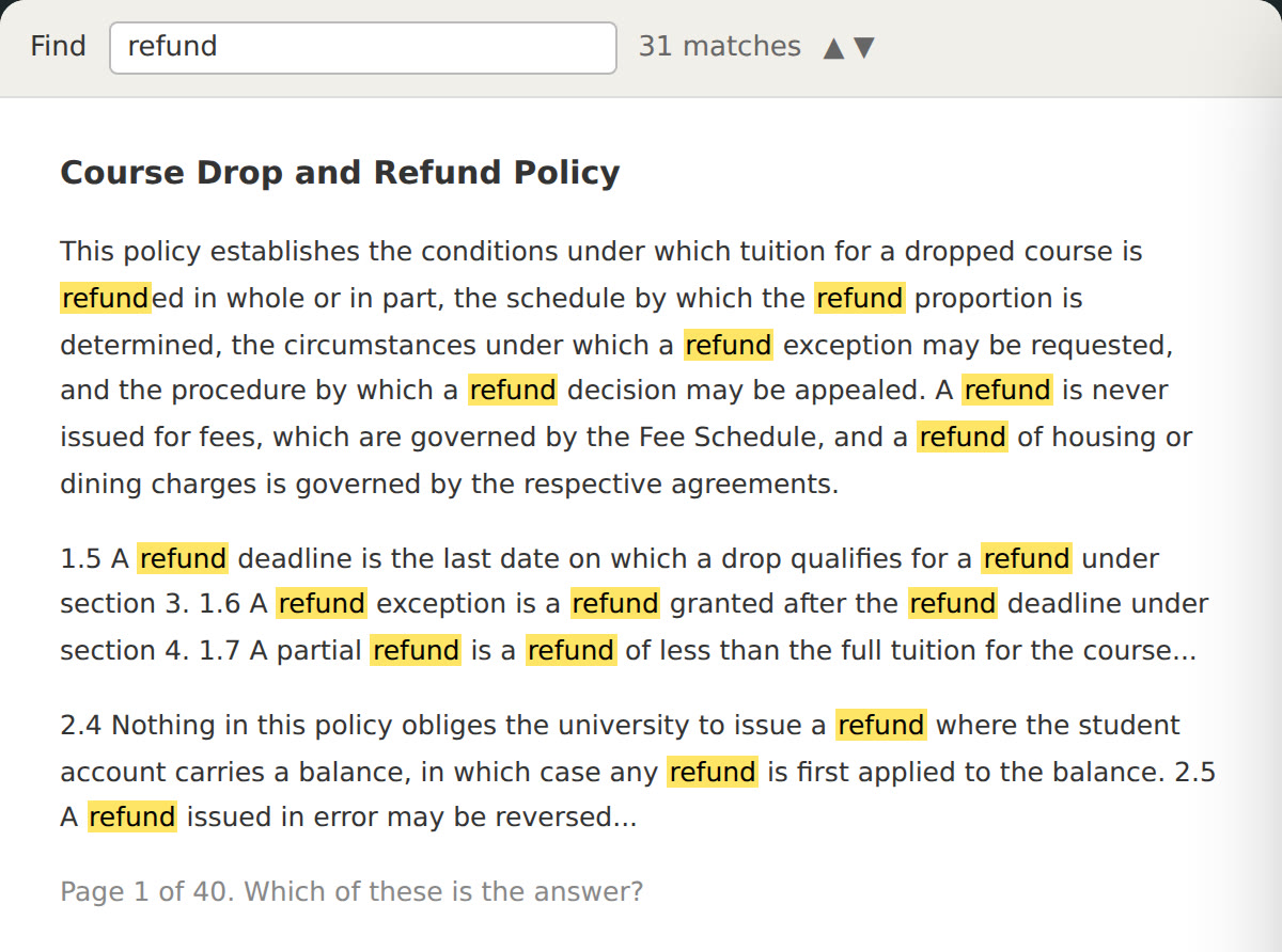 A document's Find box with the word refund and 31 matches highlighted down one page.