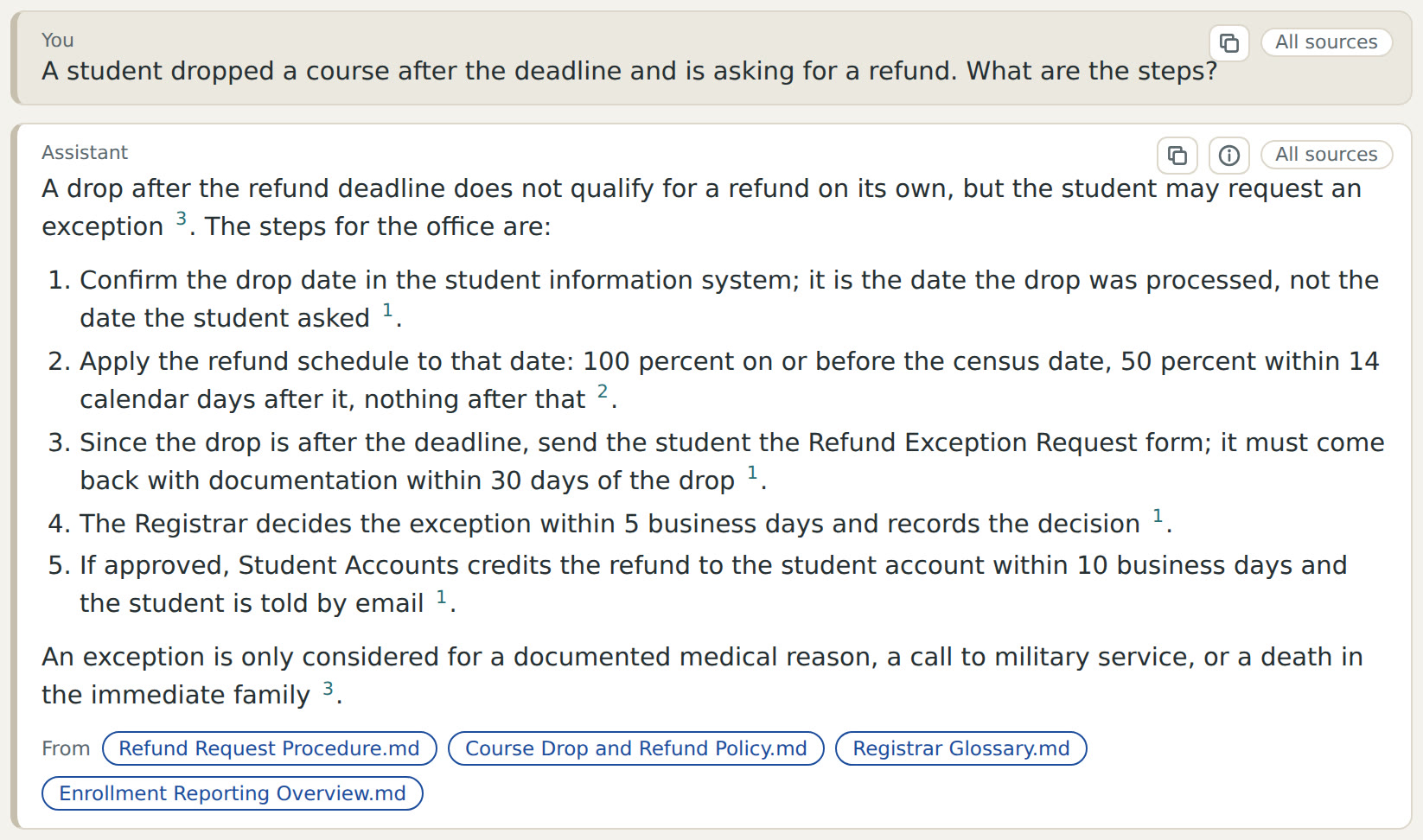 The same need put as a question, answered in steps with the files it came from listed underneath.