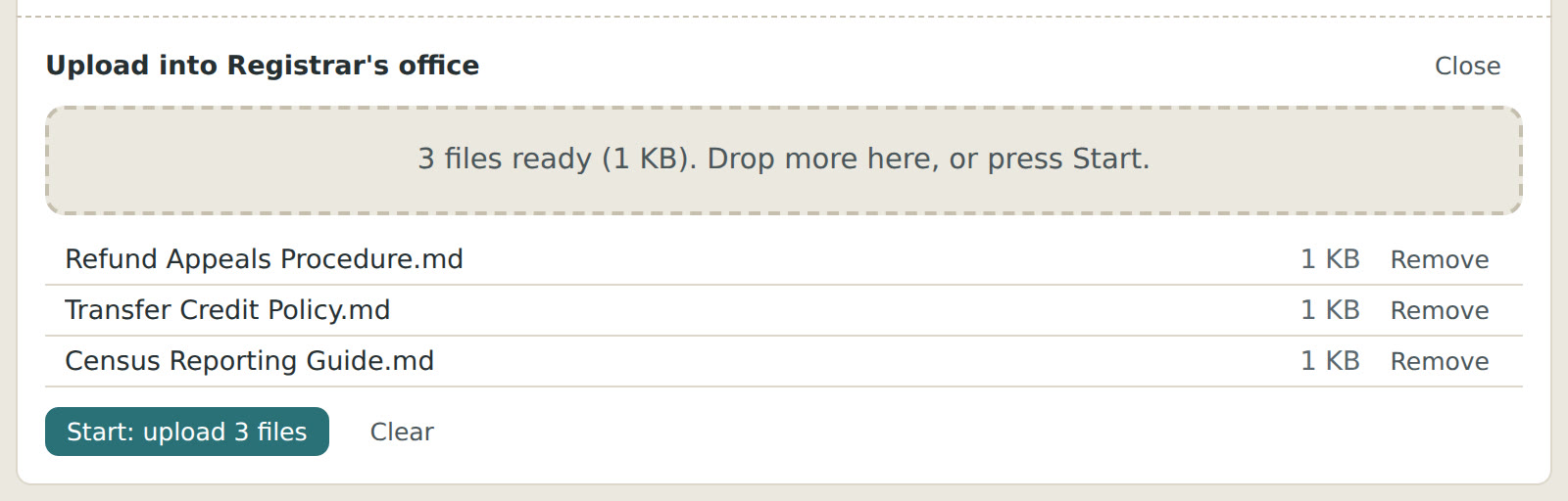 Three files dropped onto the Registrar's office group, listed and ready to start.